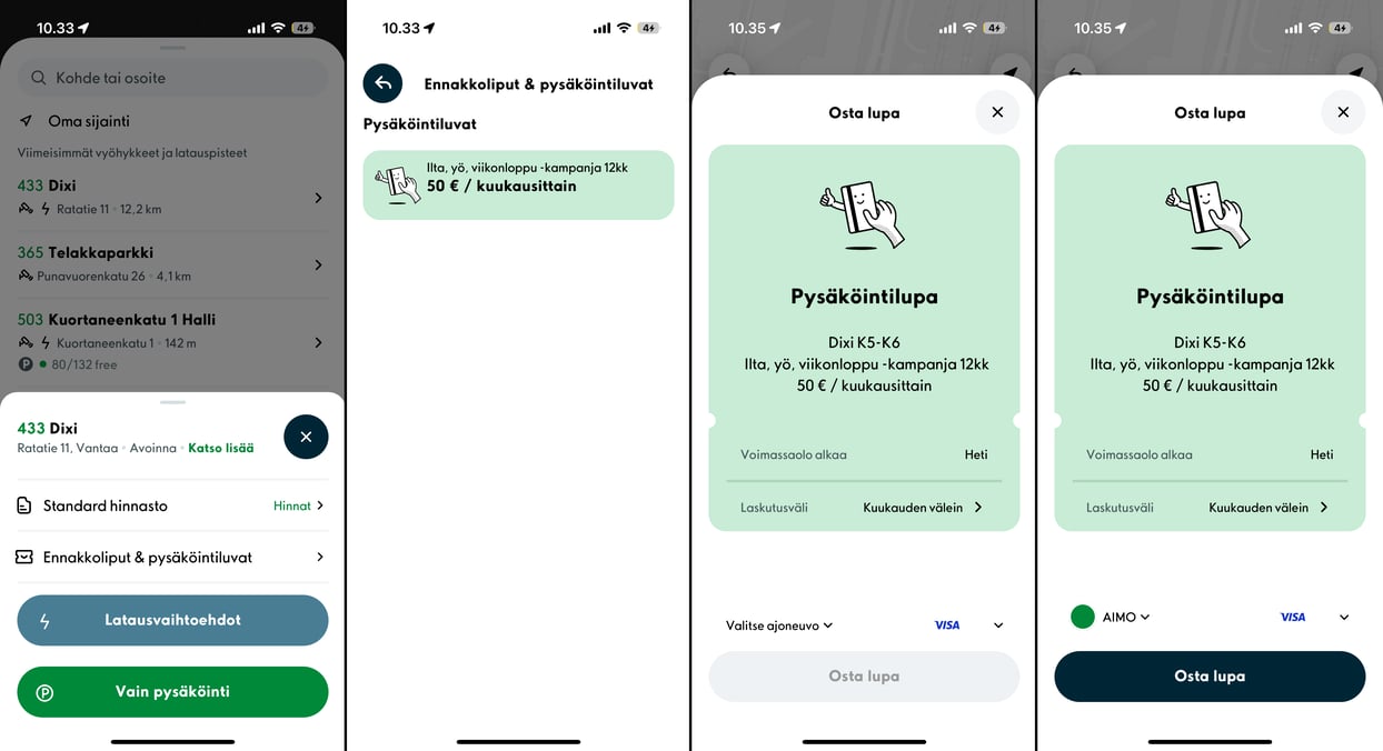 Dixi lupa osto sovelluksessa - Pysäköinti välilehti