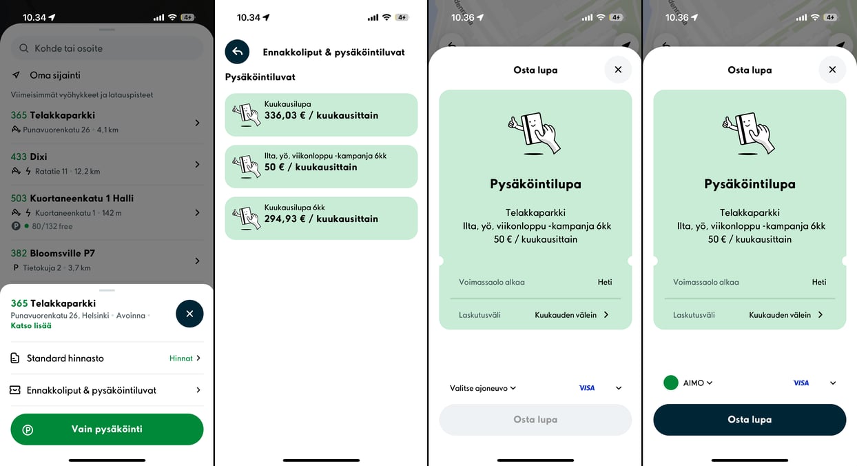 Telakkaparkki lupa osto sovelluksessa - Pysäköinti välilehti