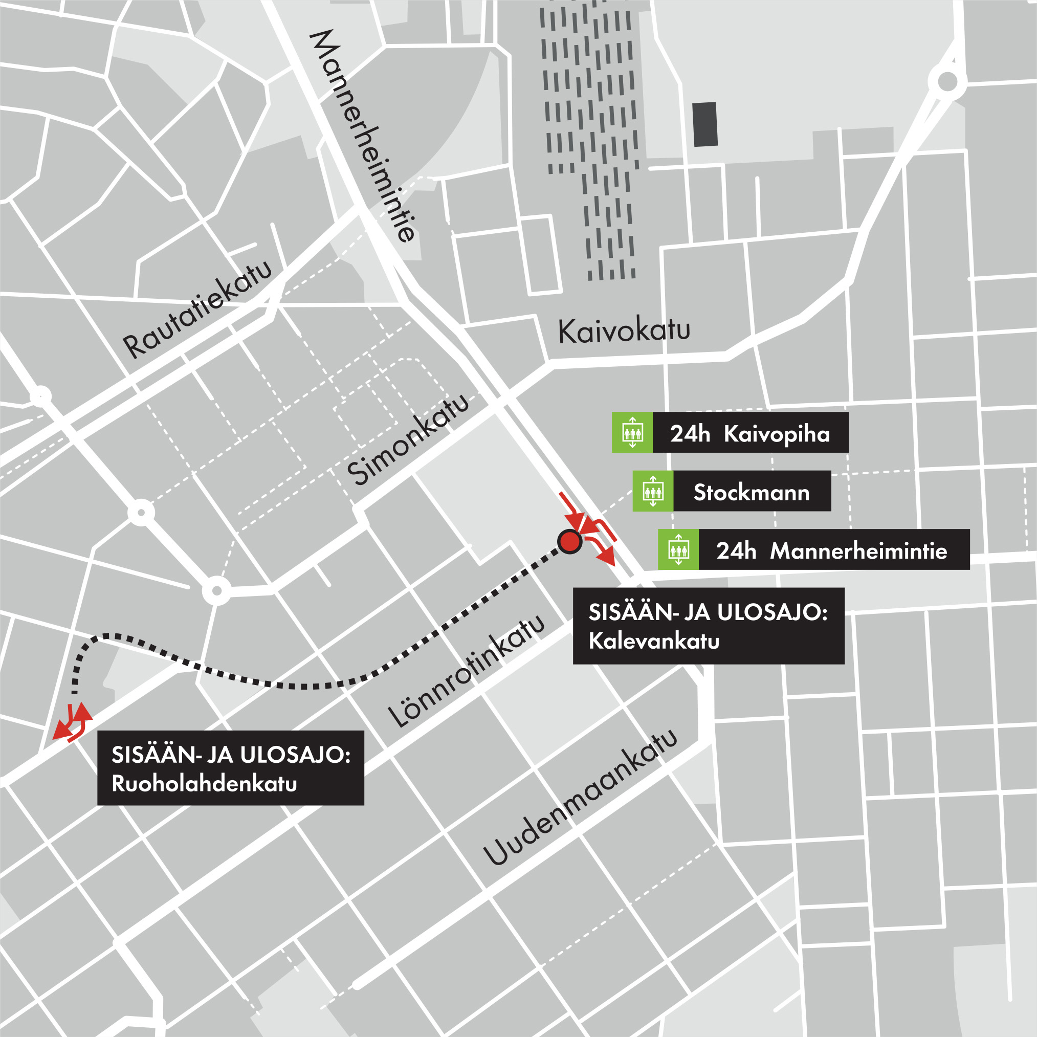 Map over Stockman parking facility in Helsinki