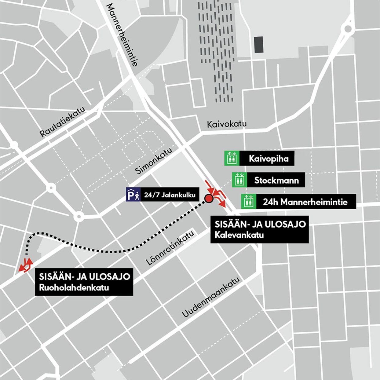 Map showing entry points to Helsinki Stockmann parking facility